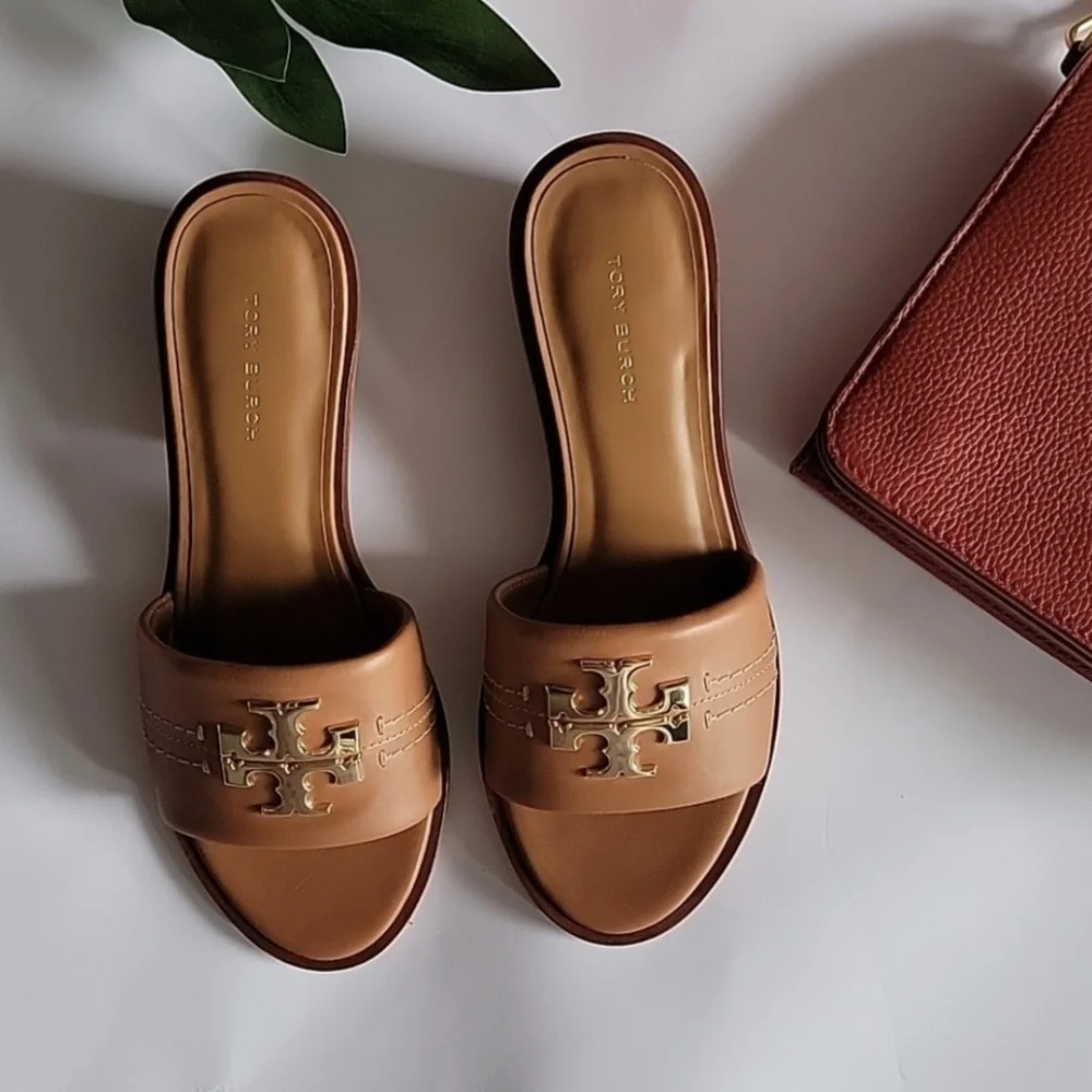 ⭐️Tory Burch womens Peep-toe Tan Slide Sandals with Gold Logo - Picture 3 of 16